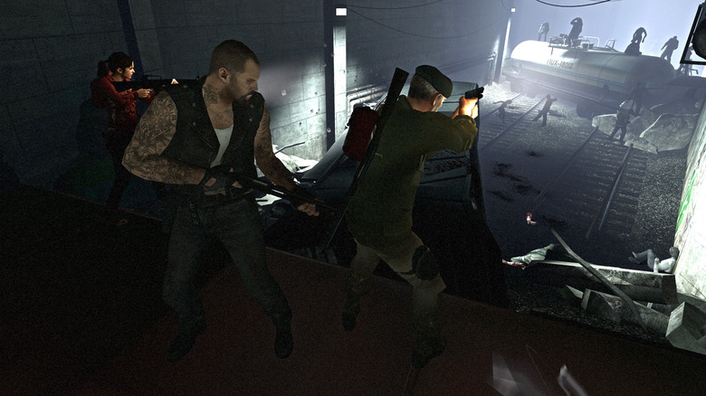 A túlélők rálőnek egy csoport érkező zombira a Left 4 Deadben