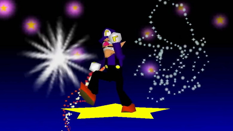 Waluigi tűzijáték előtt pózol a Mario Party 3-ban
