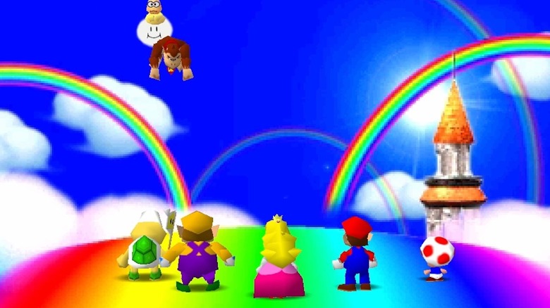 Donkey Kong szivárványról van szó, ahogy Wario, Peach és Mario néz a Mario Partyban