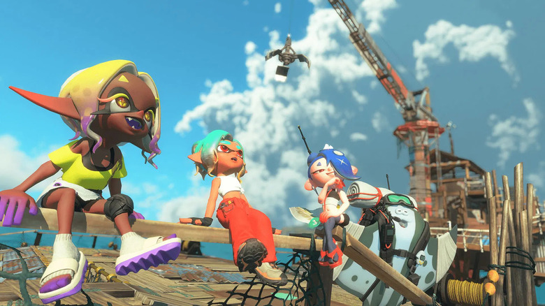 Shiver, Frye és Big Man a Splatoon Raiders dokkján ülnek