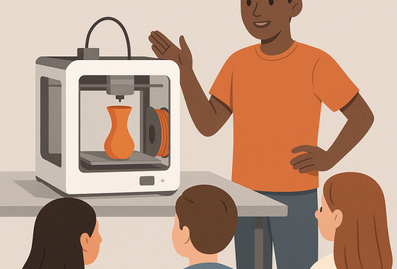 Student volunteer demonstrating a 3D printer as part of the Bambu Lab School Ambassador Program