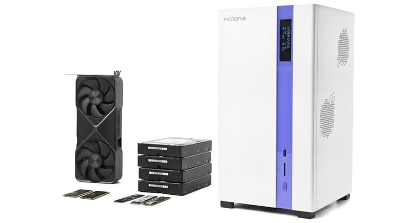 A Morefine MNAS-X1-je a Gaming GPU-t a NAS 1-be szorítja Finomabb MNAS-X1 NAS ház, felülről tölthető meghajtórekeszekkel az alaplap és a GPU-rekesz felett