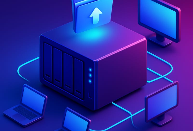 NAS device connected to a home network router with a laptop accessing a shared folder