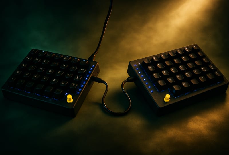 Tiwaz split keyboard shown with dual thumb joysticks and hot-swap mechanical switches