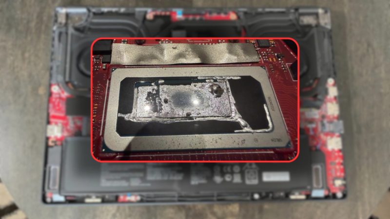 Korrodált Zephyrus M16 folyékony fémmaradvány látható a laptop CPU hűtőbordáján és a fedelén