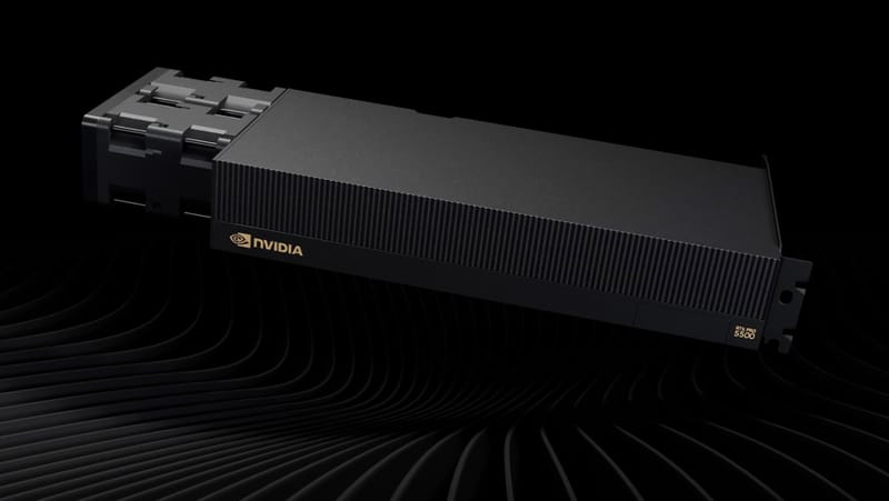 Az Nvidia RTX Pro 5500 játékfényezőjét AI Memory 1-re cseréli Nvidia RTX Pro 5500 munkaállomás grafikus kártya felülről látható hűtőburkolattal