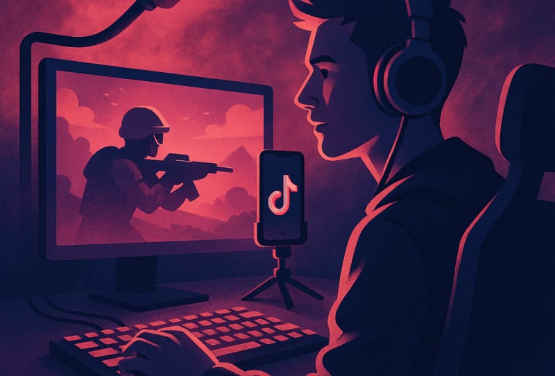 A gamer streaming gameplay live on TikTok using a phone and controller