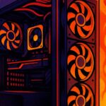 Inside of a gaming PC case showing CPU cooler, fans, and cable management