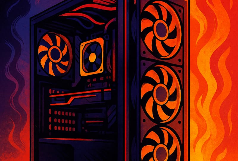 Inside of a gaming PC case showing CPU cooler, fans, and cable management