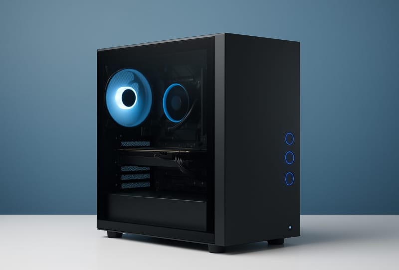 Person setting up a newly built gaming PC with a monitor and keyboard connected