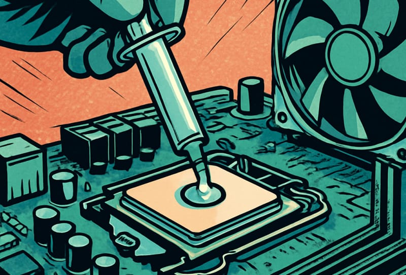 A small dot of thermal paste being applied to the centre of a CPU before cooler installation