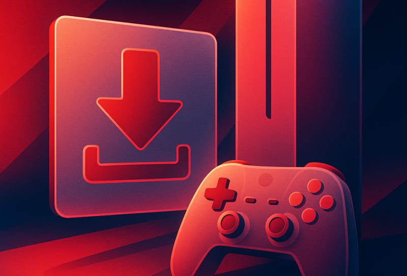 Gaming console home screen showing a digital storefront with games ready to download