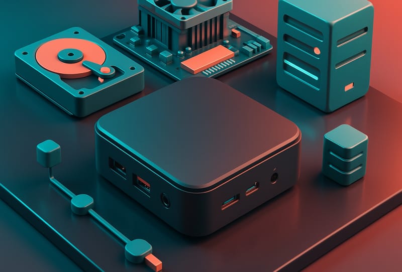 A small mini PC sitting on a shelf next to networking equipment, set up as a home server