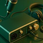 A compact audio interface with XLR microphone cables plugged in on a home podcast desk