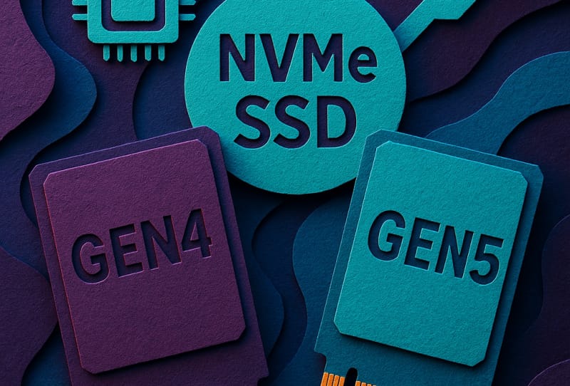 Two NVMe M.2 SSDs with heatsinks side by side representing Gen4 and Gen5 storage options