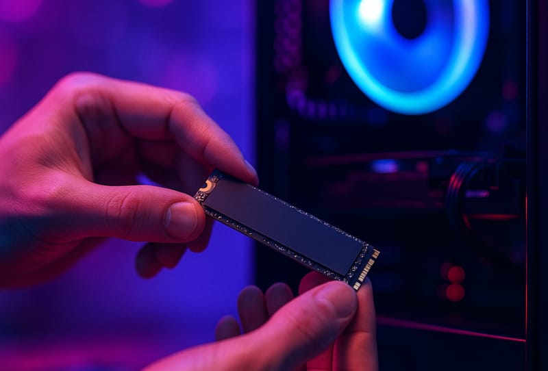 Technician installing an SSD storage drive inside a gaming PC case