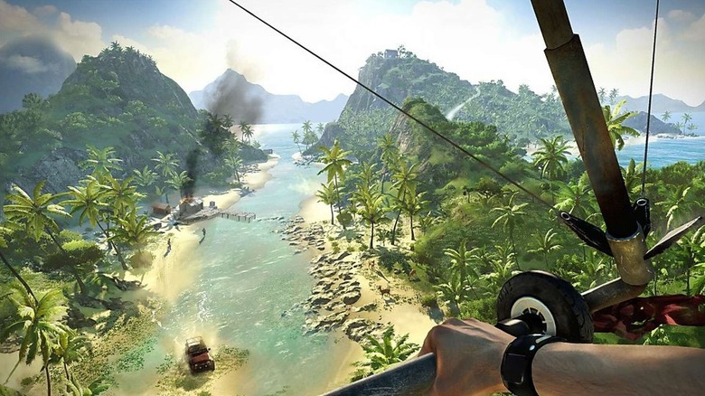 Egy Far Cry 3 játékos siklóernyőt használ a strand felett