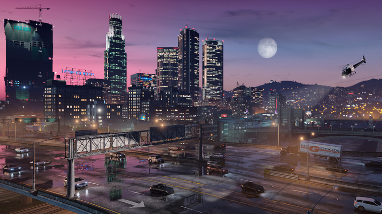 Los Santos belvárosának éjszakai kilátása a GTA 5-ben