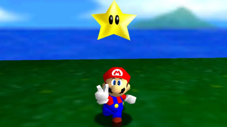 Mario békejelet villogtat a Power Star alatt a Super Mario 64-ben