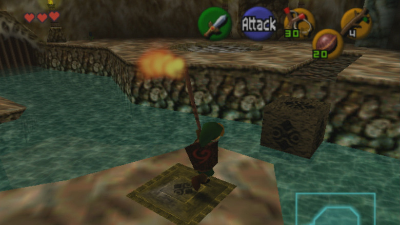 A Link lángoló bottal fut a The Legend of Zelda: Ocarina of Time játékban
