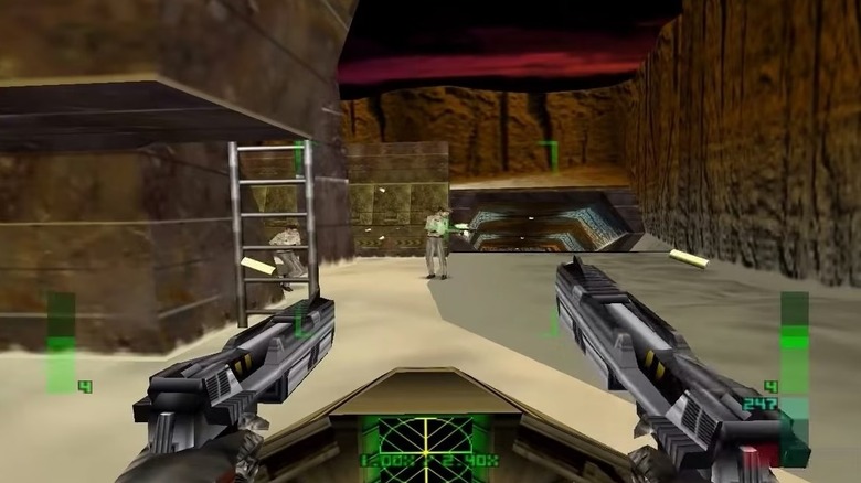 Joanna Dark két pisztollyal céloz egy ellenséges katonára a Perfect Dark-ban