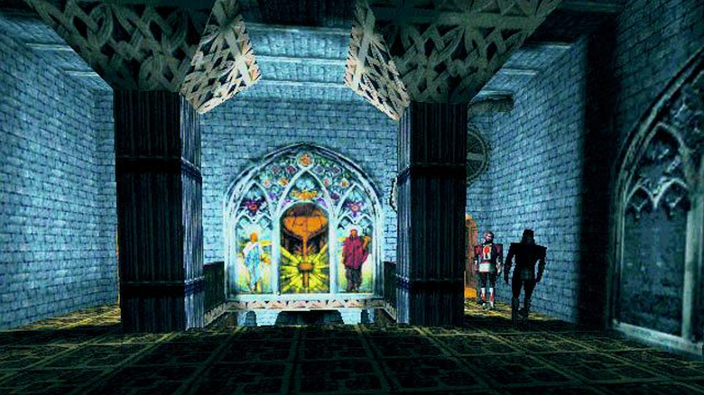 Az őrök átsétálnak egy elsötétített katedrálison a Thief: The Dark Projectben