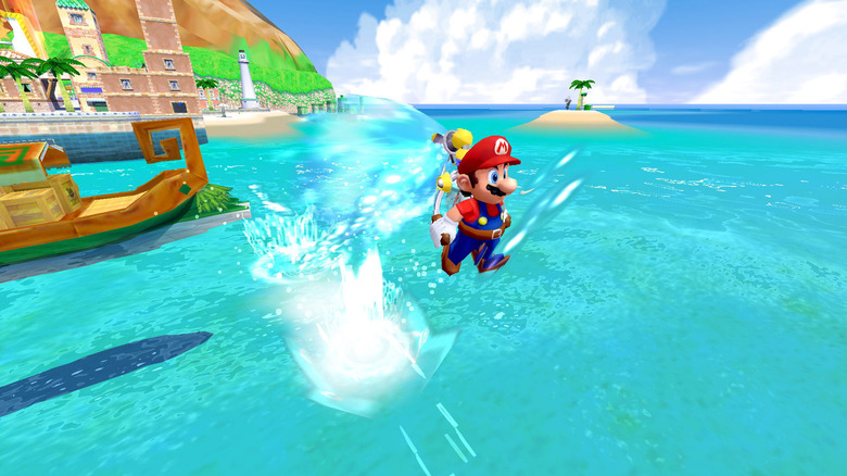 Mario a FLUDD segítségével repül az óceán felett a Super Mario Sunshine-ban