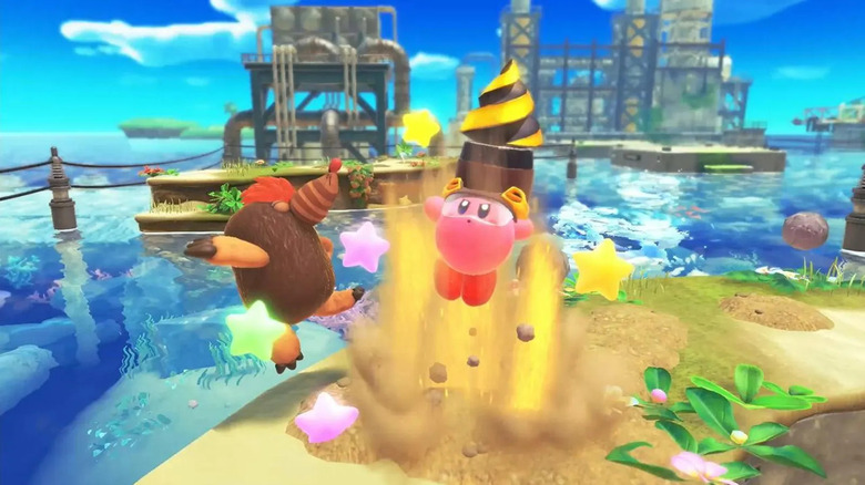 Kirby fúrósisakkal kibújik a homokból, és eltalál egy vakondot Kirby és az elfeledett földön