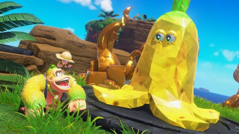 Donkey Kong és Pauline egy óriási arany banánt néznek a Donkey Kong Bananza-ban