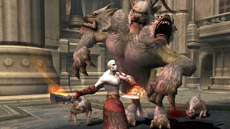 Kratos egy háromfejű szörnyen lendül a God of War II-ben