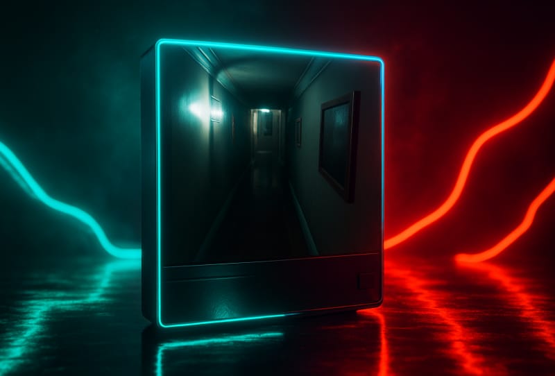 Screenshot from the P.T. PC port showing the dark hallway from Hideo Kojima