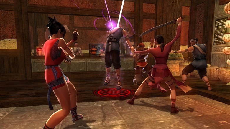 Harcművészek egy csoportja harcol egymással a Jade Empire piacterén