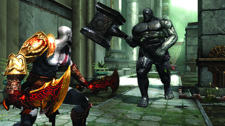 Kratos egy közeledő gólemmel néz szembe a God of War III-ban