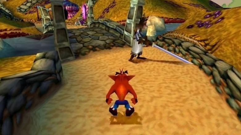 Crash Bandicoot egy kivont kardot viselő lovaggal néz szembe a Crash Bandicoot: Warped című filmben