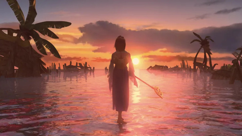 Yuna a vízen sétál, és a naplementét nézi a Final Fantasy X-ben