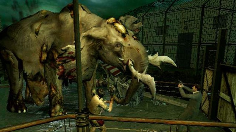 A túlélők egy zombi elefántot céloznak meg a Resident Evil Outbreakben