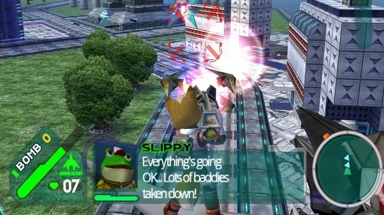Fox McCloud elsüti lézerágyúját a Star Fox: Assaultban