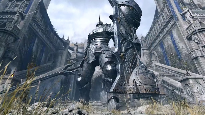 Páncélozott lovag áll a kastély előtt a Demon's Souls-ban (2020)