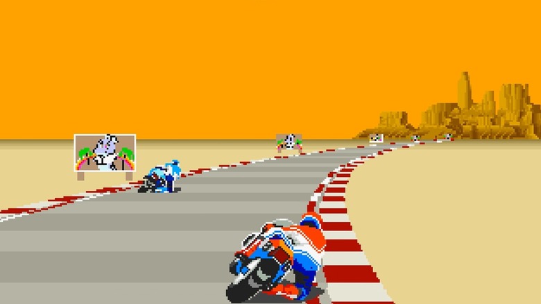 Képernyőkép a Hang-On-ról. Vegye figyelembe a sprite méretezését és a távoli horizontot