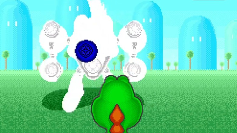 Yoshi egy robotellenségre lő a Yoshi's Safariban