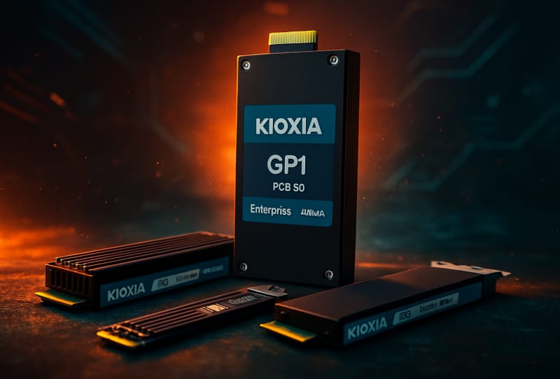 Kioxia PCIe 6.0 SSD enterprise drive shown against a data centre server rack background