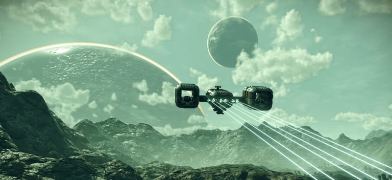 A No Man's Sky iPhone játékmenete egy űrhajót mutat be, amely egy színes idegen bolygó felett repül