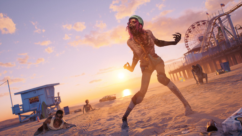Egy Dead Island 2 korcsolyázó zombi a tengerparton