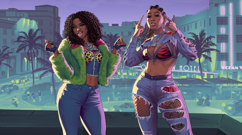 Két GTA 6 karakter táncol egy zöld konceptművészet háttér előtt