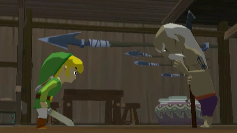 Link meghajol a The Legend of Zelda: The WInd Waker fegyvermestere felé