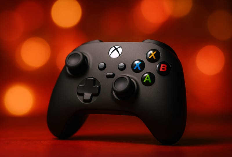Xbox Nano controller held in one hand next to a smartphone to show its pocket-size footprint