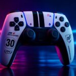 Gran Turismo DualSense controller with carbon-fibre style front plate and racing stripes