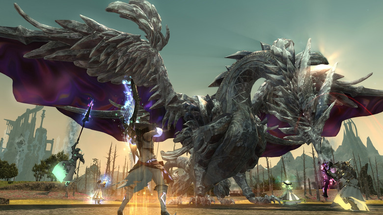 A Final Fantasy XIV játékos íjjal és nyíllal lő egy sárkányra