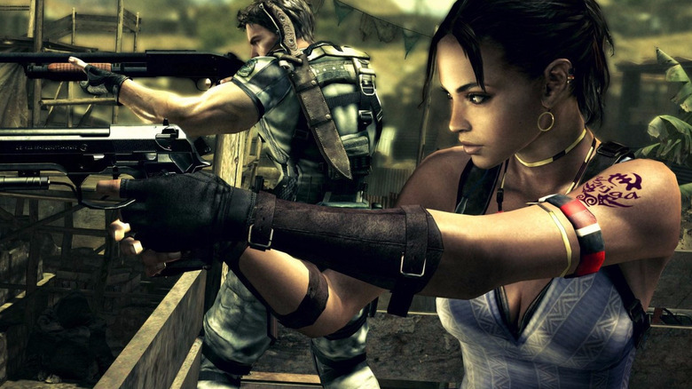 Chris Redfield és Sheva Alomar célba veszi a fegyverét a Resident Evil 5-ben