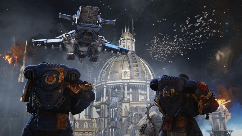 Az ultramarinok csepphajó közeledését nézik a Warhammer 40 000: Space Marine 2-ben
